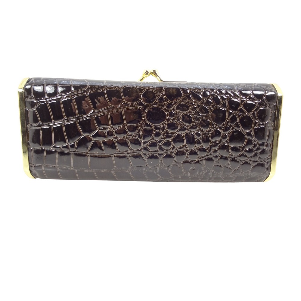 Sasha Black Faux Croc Patent Box Clutch‎ Gold Chain Evening Bag Handbag